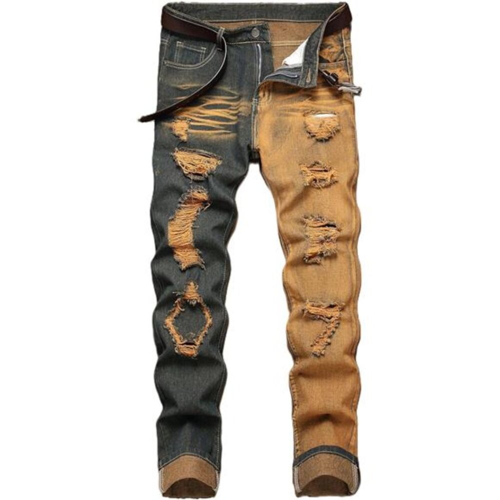 Men's Ripped Jeans Regular Fit Distressed Slim Straight Leg Stacked Biker